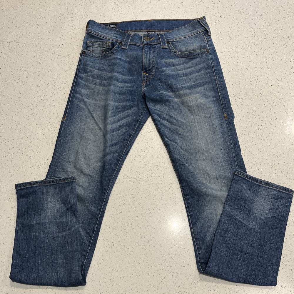 True Religion Jeans Mens Size 31x34 Geno Stretch Logo Embroidered Pockets Blue